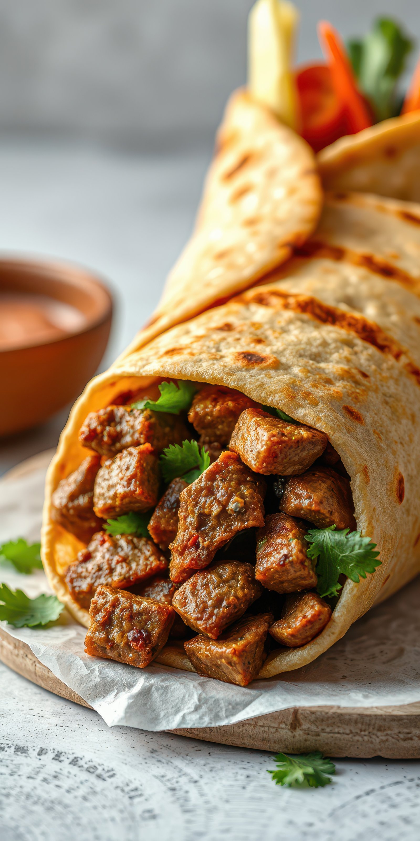 Delicious wrap filled with spiced meat and fresh herbs served on a light marble countertop